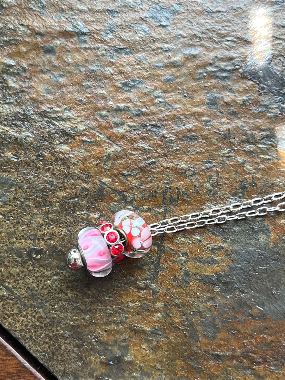 Murano Style Glass lampwork Pink and Red Bead Bracelet Charm on Silver Chain